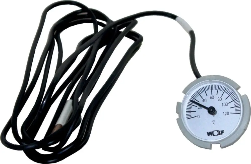 Fernthermometer mit einer analogen Anzeige und einem langen Kabel. Die Skala zeigt Temperaturen in Grad Celsius. Hersteller ist Wolf.